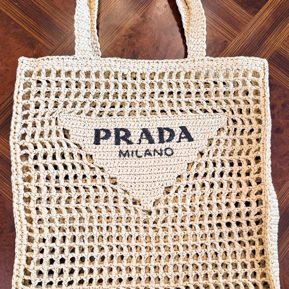 New Prada Crochet Triangle Embroidered Raffia Tote Bag - Picture 7 of 16